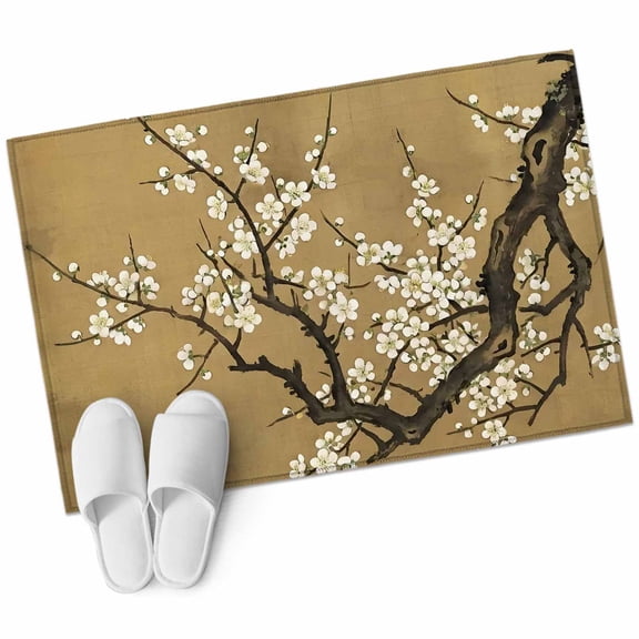Plum Blossom Bathroom Rug Washable 2x3 Entryway Rug Non Slip Vintage Zen Flower Tree Branch Brown Floral Front Door Mat Low Pile Indoor Doormat Throw Floor Carpet for Kitchen Bedroom Entrance