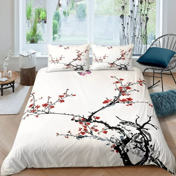 Plum Blossom Bedding Red Flower Floral Comforter Cover for Kids Teens Women Butterfly Branches Duvet Cover Ink Style r