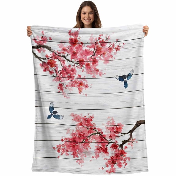 Plum Blossom Blanket Soft Cozy Warm Throw Blanket for Couch, Plush Fuzzy Flannel Fleece Blankets for Sofa, Red Spring Floral Birds Vintage Wooden Bed Blankets Lightweight Gifts for Women, 30"x40"