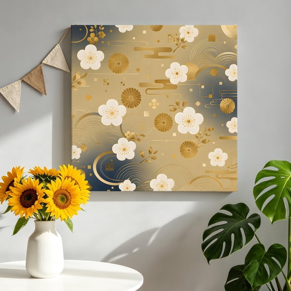 Plum Blossom Canvas Wall Art, Japandi Oriental White Floral Golden Cloud Wave Motif Pictures Wall Decor Wooden Framed Artwork Art Prints for Living Room Hallway Bedroom Office 8"x8"