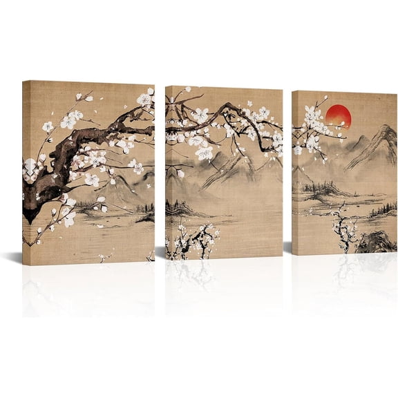 Plum Blossom Canvas Wall Art Mountain Sunrise Picture Vintage Brown Flower Painting Traditional Chinese Art Prints Framed Bedroom Decor