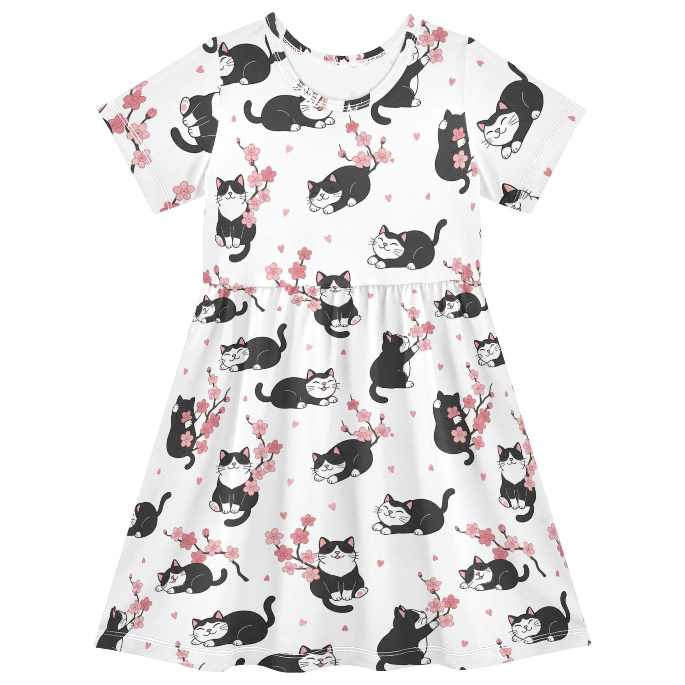 Plum Blossom Cat Short Sleeve Dress A-Line Cute Midi Casual Sundress 2 ...