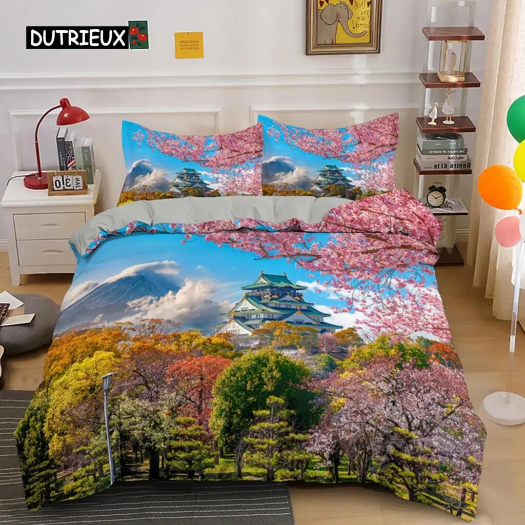 Plum Blossom Duvet Cover Set King Pink Flower Quilt Cover for Girls