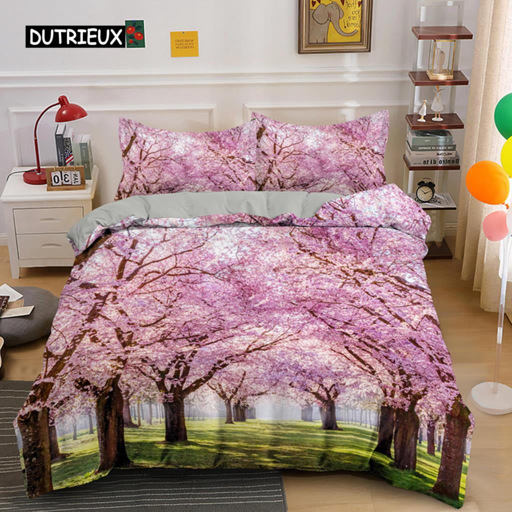 Plum Blossom Duvet Cover Set King Pink Flower Quilt Cover for