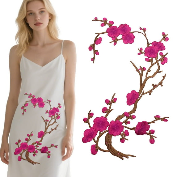 Plum Blossom Embroidery Patch Iron On Sew On Fabric Sticker for Clothing Repair Crafting Applique Patch for Jeans Hats and More Dark Pink