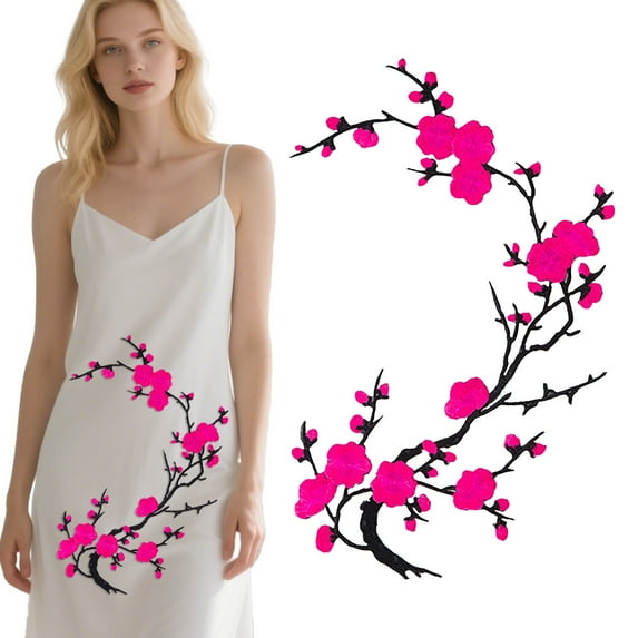 Plum Blossom Embroidery Patch Iron On Sew On Fabric Sticker for Clothing Repair Crafting Applique Patch for Jeans Hats and More Deep Pink