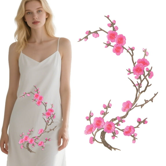 Plum Blossom Embroidery Patch Iron On Sew On Fabric Sticker for Clothing Repair Crafting Applique Patch for Jeans Hats and More Light Pink