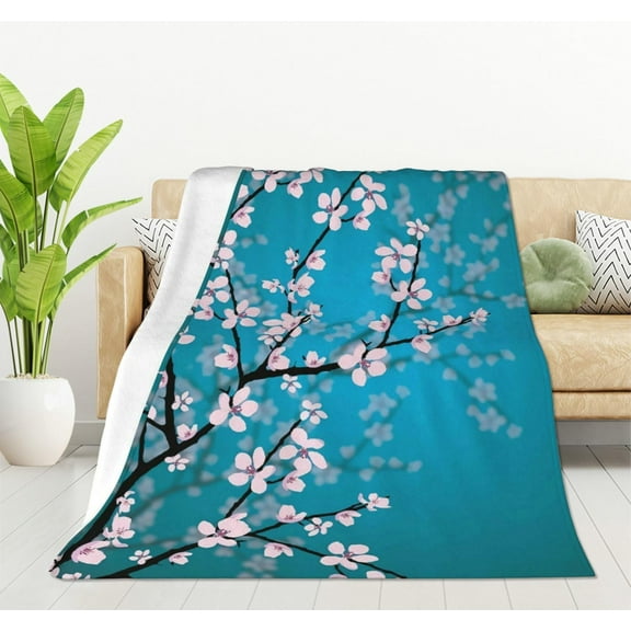 Plum Blossom Flannel Fleece Bed Blanket 50 x 60 inch Pink Flowers Throw Blanket Lightweight Cozy Plush Blanket for Bedroom Living Rooms Sofa Couch
