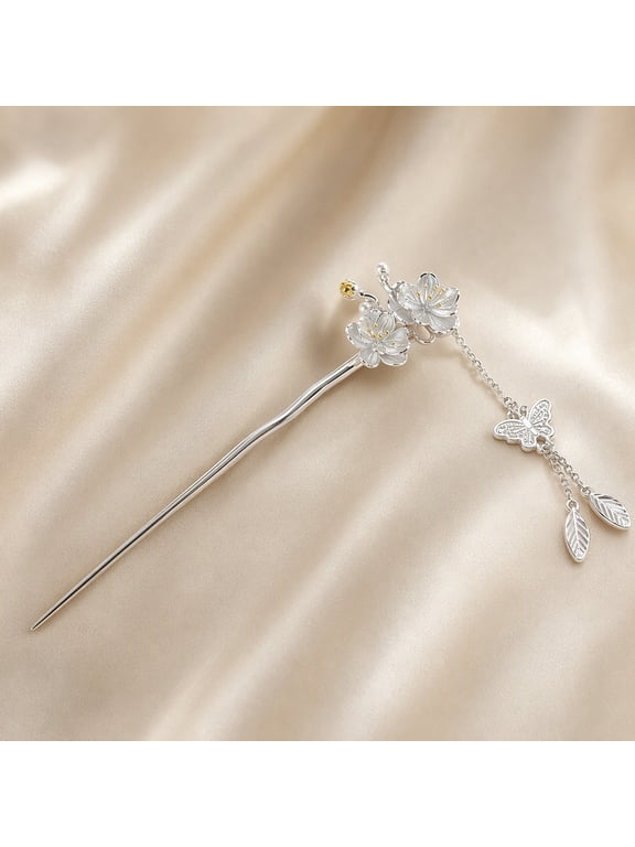 Plum Blossom Hair Stick with Butterfly and Leaf Dangle, Silver Plated Chinese Vintage Hair Pin with Hand-Enameled Flowers and Gold Stamens for Buns Updos