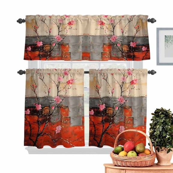 Plum Blossom Kitchen Curtains Valances 3 Piece Set, Pink Flowers Rod Pocket Tier Curtain and Valance Drapes for Small Window 24 Inch Length for Bedroom Cafe