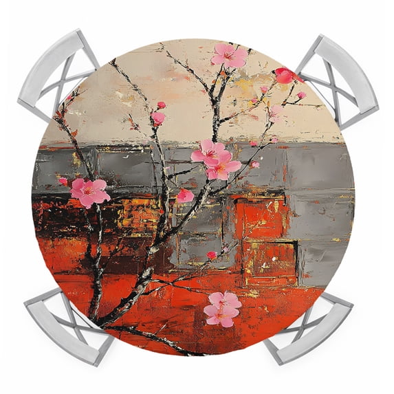 Plum Blossom Round Tablecloth for 36-44 Inch Tables, Fitted Table Cover with Elastic Edge, Retro Flowers Country Nostalgic Waterproof Outdoor Table Cloth Protector for Patio Garden Dinner Picnic