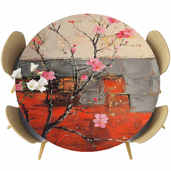 Plum Blossom Round Tablecloth, Fitted Table Cover with Elastic for 36"-44" Round Tables, Retro Flowers Country Nostalgic Table Cloth Outdoor Indoor Dinning Party Waterproof Tablecloths