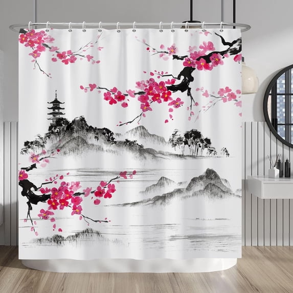 Plum Blossom Shower Curtain Pink Cherry Blossom Floral Misty Mountains Shower Curtains Decorative for Bathroom Waterproof Fabric Shower Curtain with Hooks 72x72 Inches