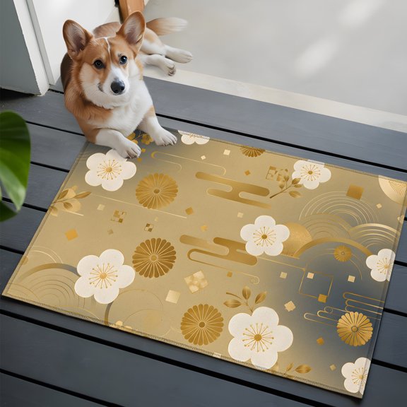 Plum Blossom Small Area Rugs 2x3 Japandi Oriental White Floral Golden Cloud Wave Motif Entryway Rugs Washable Door Mat, Low-Profile Area Rugs Non Slip Floor Carpet for Living Room Bedroom Home Office