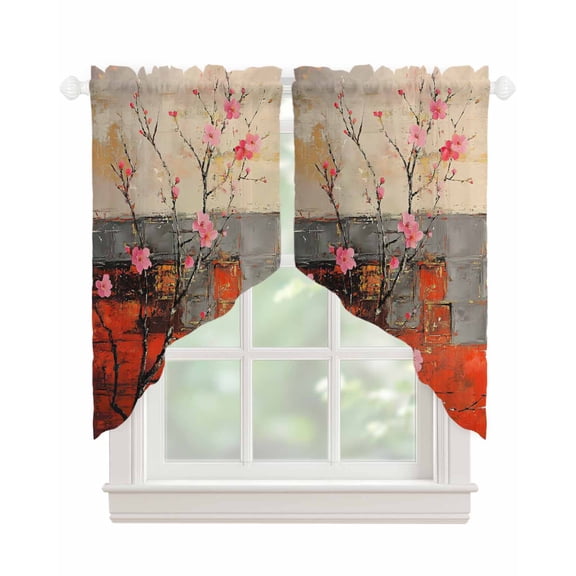 Plum Blossom Swag Valances for Windows, Retro Flowers Country Nostalgic Rod Pocket Sheer Valances for Small Windows, Swag Toppers Light Filtering for Kitchen Living Room 2 Panels 36''x36''