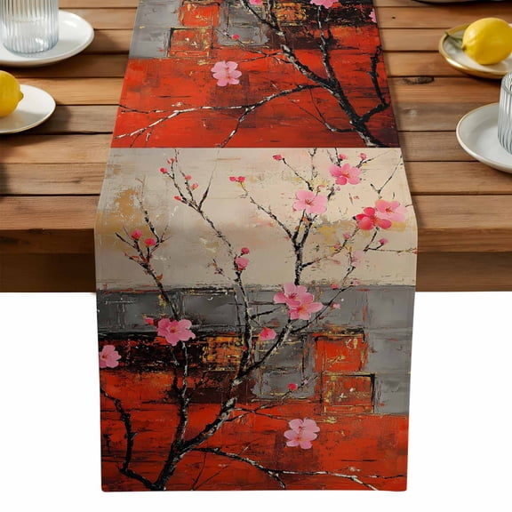Plum Blossom Table Runner, Pink Flowers Kitchen Table Runners Dress Scarves for Table Decorations Party/Restaurant/Indoor Outdoor Use, 18x72in