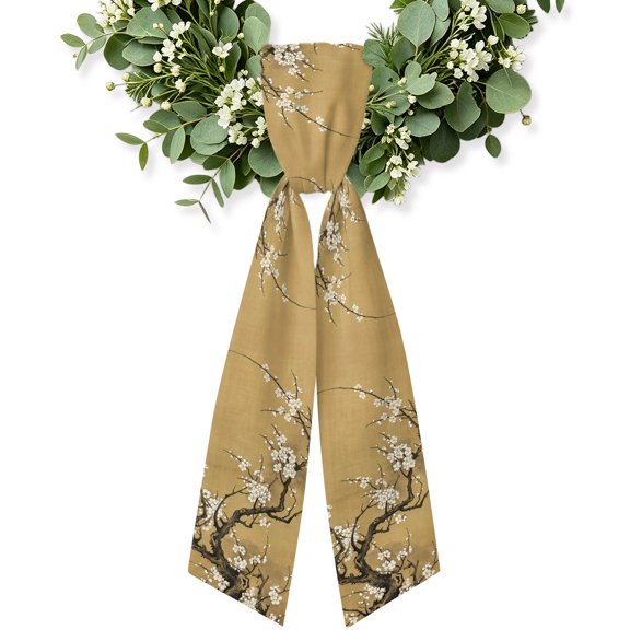 Plum Blossom Wreath Sash for Front Door, Tree Branch Flower Vintage Zen Spring Wreath Bow Accent for Fall Christmas Holiday Door Decor, Ribbon Sash for Wreaths, Porch Home Decoration