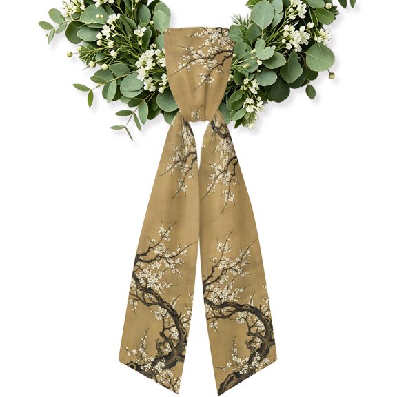Plum Blossom Wreath Sash for Front Door, Vintage Zen Flower Tree Branch Brown Floral Wreath Bow Accent for Fall Christmas Holiday Door Decor, Ribbon Sash for Wreaths, Porch Home Decoration