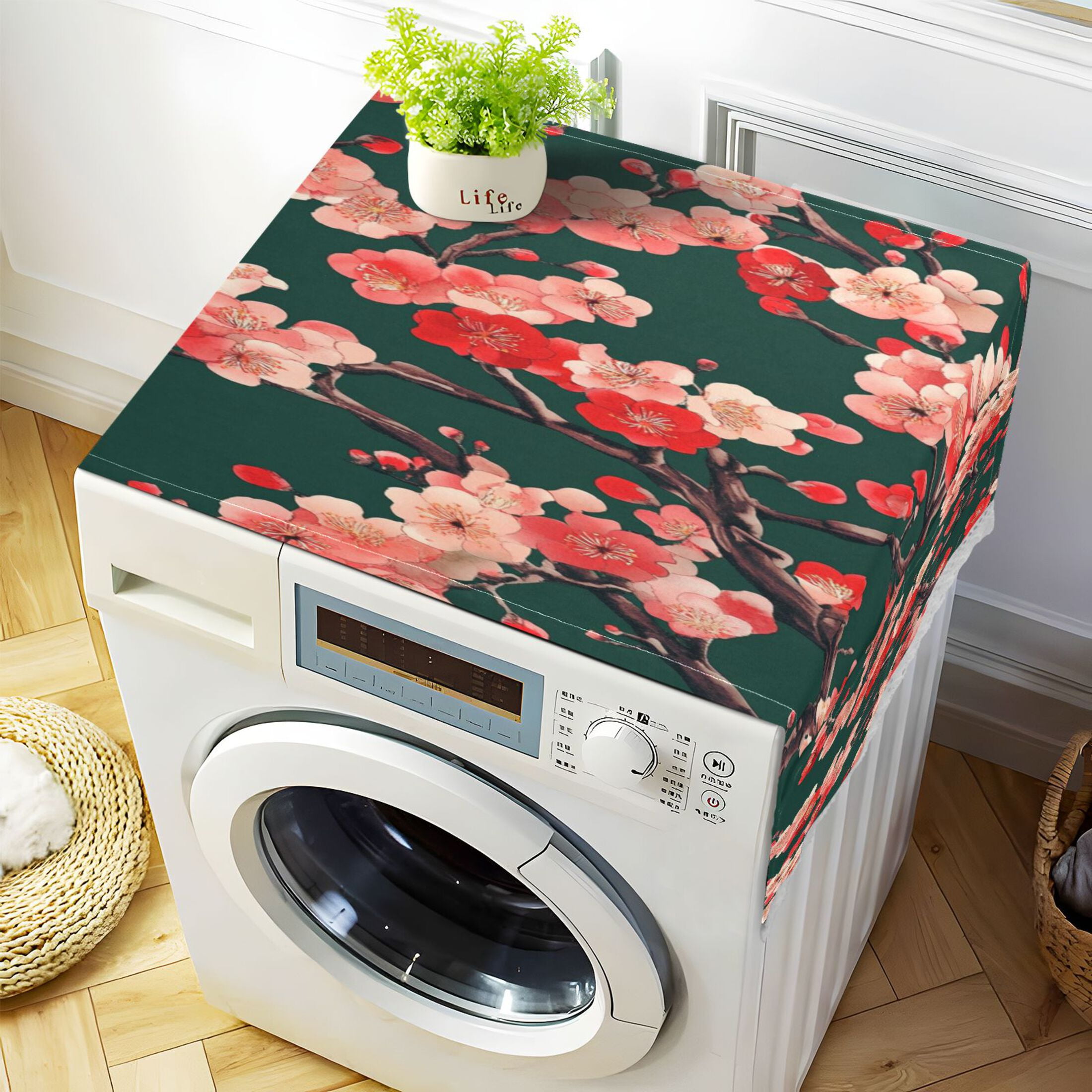 Plum BlossomWasher and Dryer Covers Dust-Proof and Oil Resistant Fridge Cover with 4 Storage Pockets Washing Machine Top Cover for Laundry Kitchen Home 51.2 x 22 In