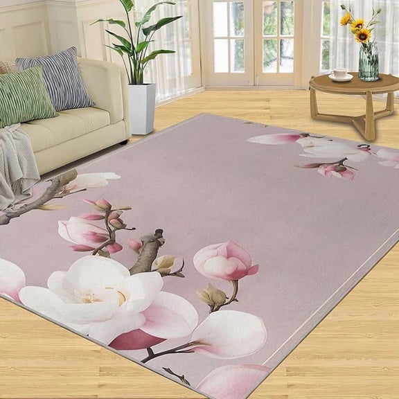 Plum Blossoms Bedroom Rug, European Style Plants and Flowers Rugs for Living Room, with Anti-Slip Backing Washable Indoor Carpet for Bedroom Study Dining Room 5 x 8ft