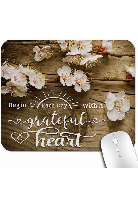 Plum Blossoms Floral Motivation Office/Gaming Mouse Pad 9.5"x7.9", Anti-Slip Mat for Desk, Begin Each Day with A Grateful Heart Inspirational Quote White Flowers Rustic Wood Grain