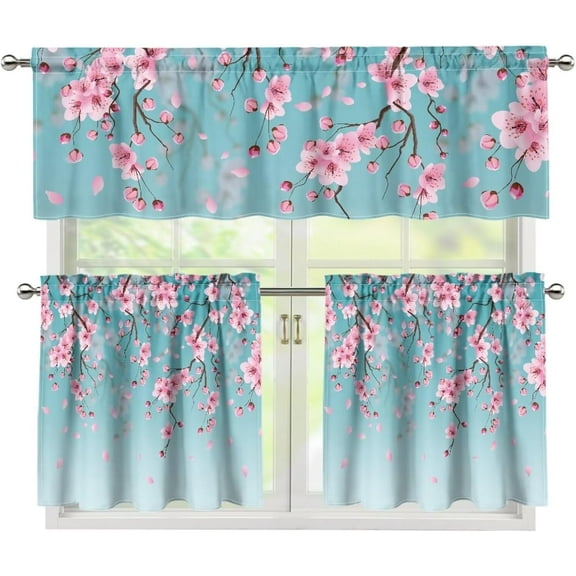 Plum Blossoms Kitchen Curtains and Valances Set Tier Curtains 24 Inch Length Living Room Bedroom Bathroom Farmhouse Rustic Country Curtains 3 Piece Set Rod Pocket
