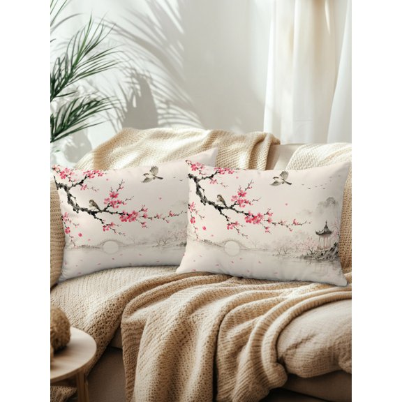 Plum Blossoms Outdoor Throw Pillows with Inserts, Vintage Watercolor River Pagoda Mountains 12”x20” Set of 2 Waterproof Decorative Patio Throw Pillow Inserts for Patio Furniture Bench