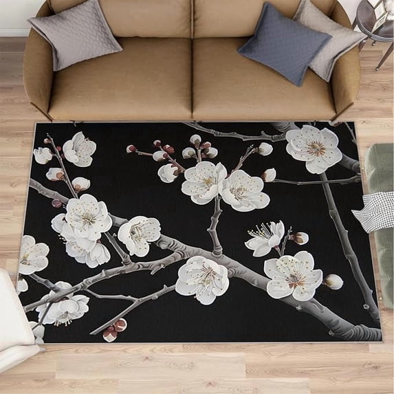 Plum Blossoms Rugs for Living Room, Botanical Rugs for Bedroom, Low ...