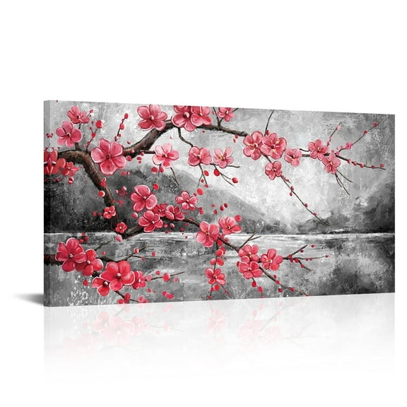 Plum Canvas Wall Art Traditional Chinese Painting Mountain Lake Flower Blossom Tree Picture Prints Modern Black and Red Landscape Artwork Kitchen Home Living Room Bedroom Decor