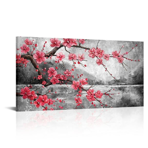 Plum Canvas Wall Art Traditional Chinese Painting Mountain Lake Flower Blossom Tree Picture Prints Modern Black and Red Landscape Artwork Kitchen Home Living Room Bedroom Decor