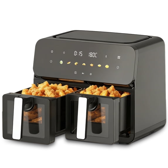 Plum Chef 11-Quart Dual Basket Air Fryer, 2 Independent Cooking Zones with Smart Finish, 1700W 7-in-1 Combo, Black