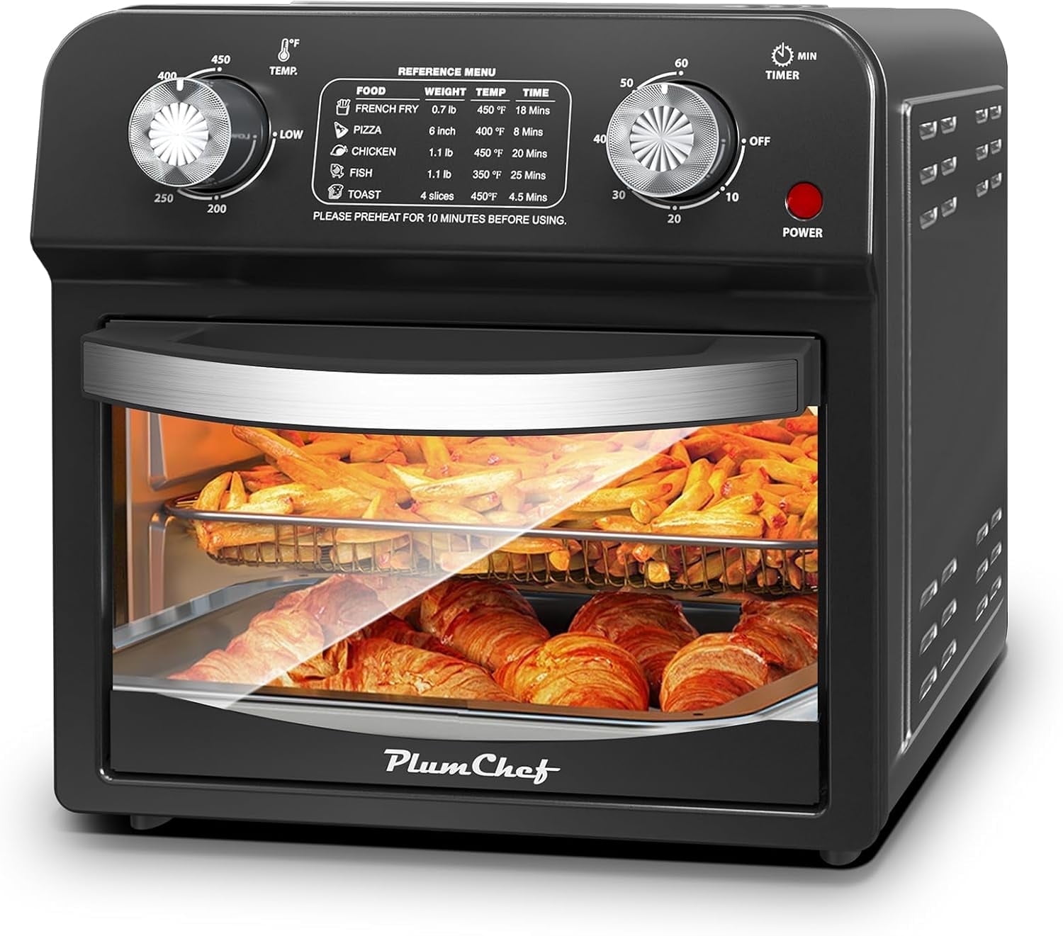 Plum Chef 13QT Air Fryer, 4-Slice Air Fryer Toaster Oven, Space Saving, Visible Window, Oil Free, 1500W, Black