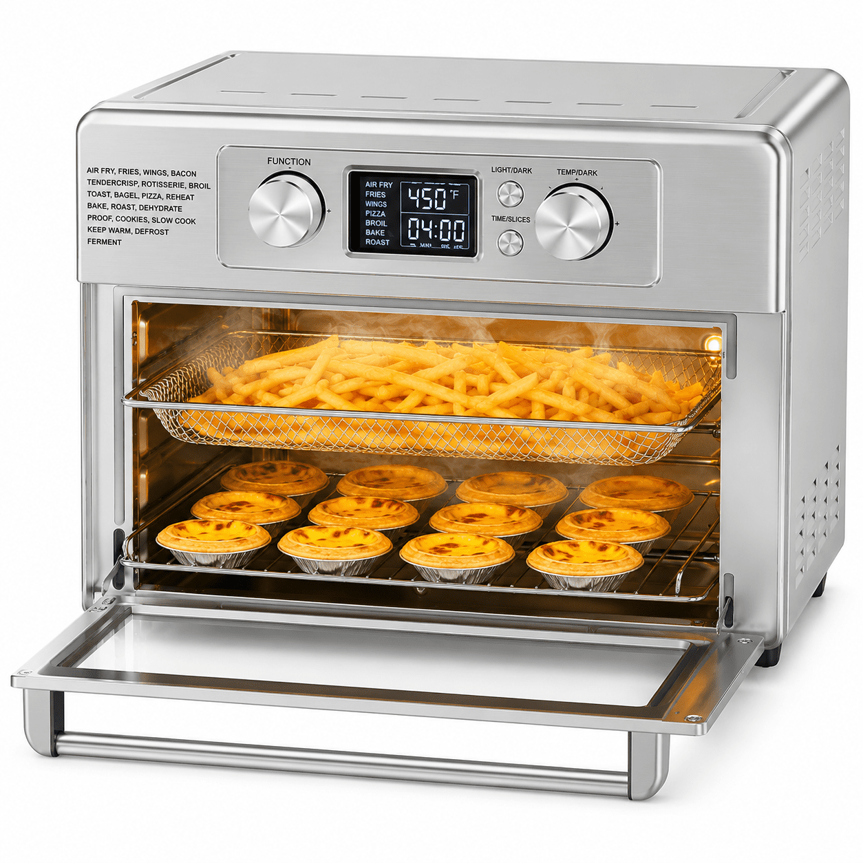 Plum Chef 23QT Air Fryer Toaster Oven Combo, 4-in-1 Countertop Convection Oven, 4 Accessories Included, Stainless, 450°F, Stainless Steel, Silver