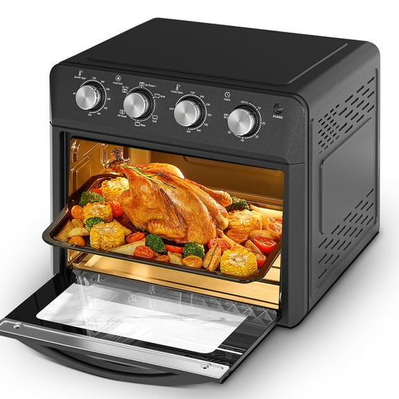 Plum Chef 27.5QT Family Size Air Fryer Oven - 6-in-1 Countertop Convection Oven (Air Fry/Bake/Broil/Toast/Warm/Dehydrate) 1600W 4-Knob Control Black