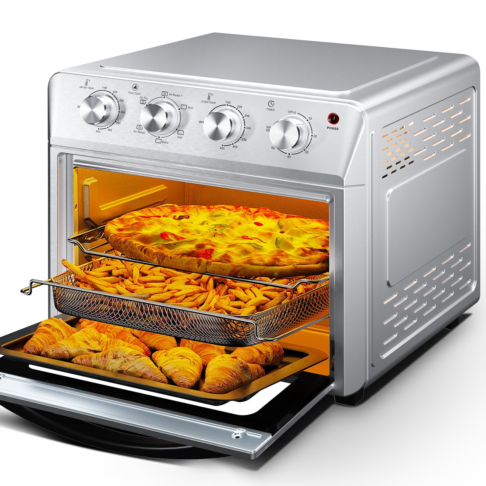 Plum Chef 27.5QT Silver Air Fryer Oven 6 in 1 Countertop Convection Oven Large Capacity with Air Fry Bake Broil 4 Knob Control Family Size Stainless Steel Design