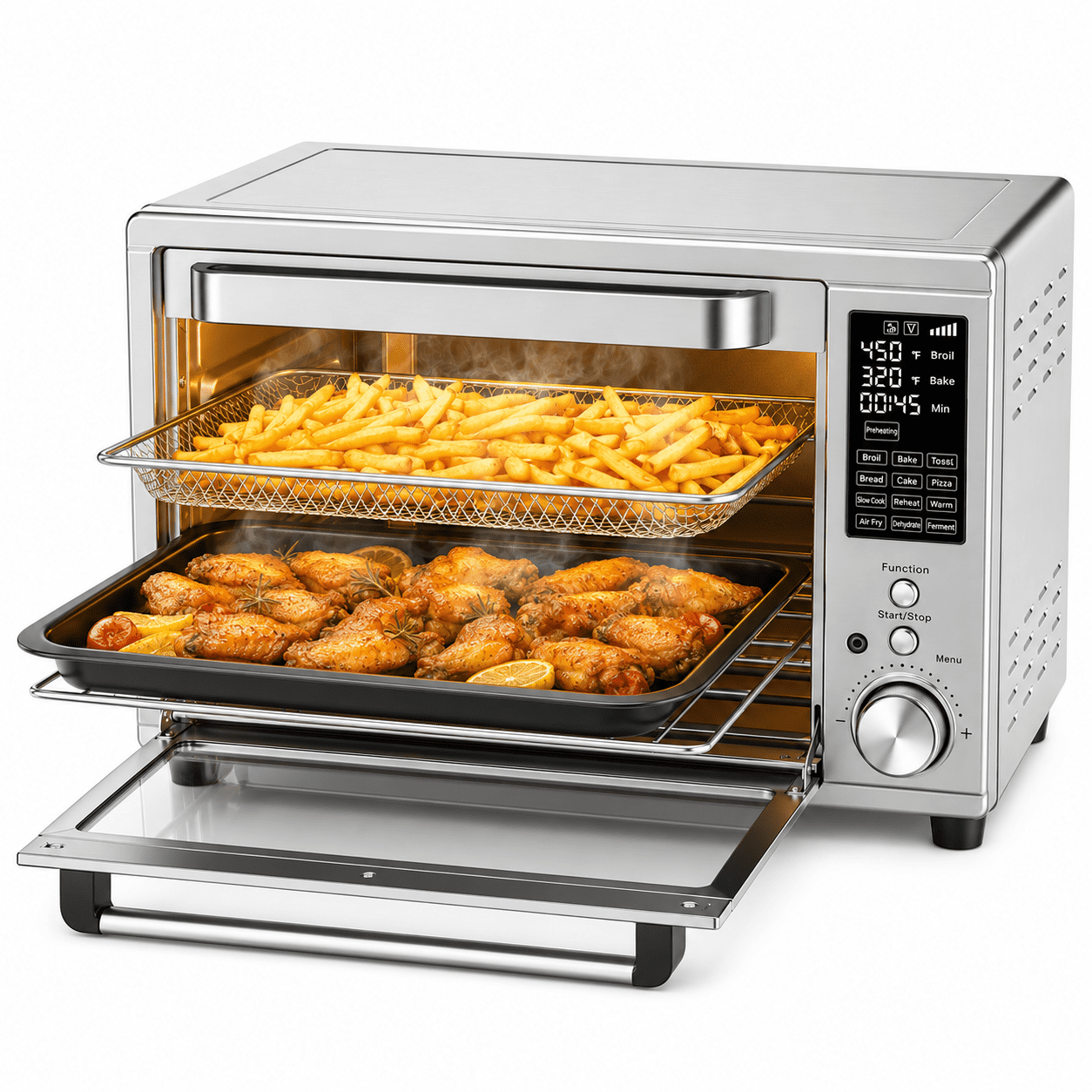 Plum Chef 30 Qt Air Fryer Toaster Oven Combo with Smart Probe, 12-in-1 Countertop Convection Oven, 450°F, Stainless Steel, Silver