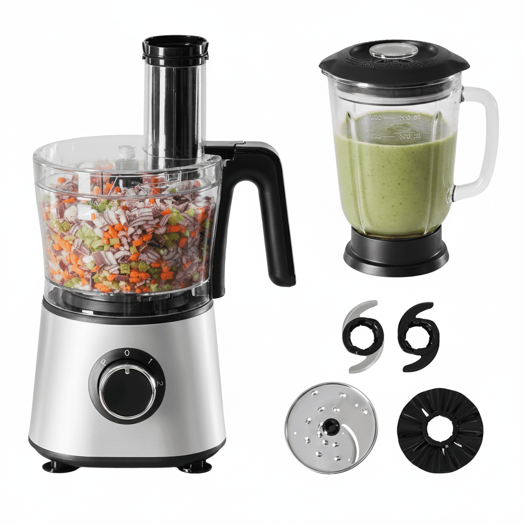 Plum Chef 6-Cup Food Processor Blender Combo, 1.5L Glass Jar Electric Food Chopper with 8 Attachments for Slicing, Dough, and Mincing, 2 Speeds & Pulse, Silver