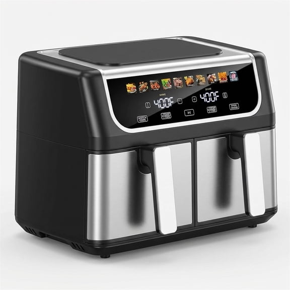 Plum Chef 9QT Dual Basket Air Fryer Oven, 2 Independent Nonstick Baskets with Sync Finish, Digital Touch Screen, 450°F, Shake Reminder, Auto Shutoff, Black