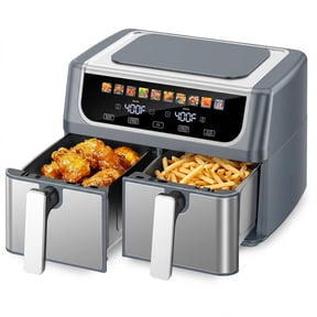 Plum Chef 9QT Dual Basket Air Fryer Oven, 2 Independent Nonstick Baskets with Sync Finish, Digital Touch Screen, 450°F, Shake Reminder, Auto Shutoff, Silver