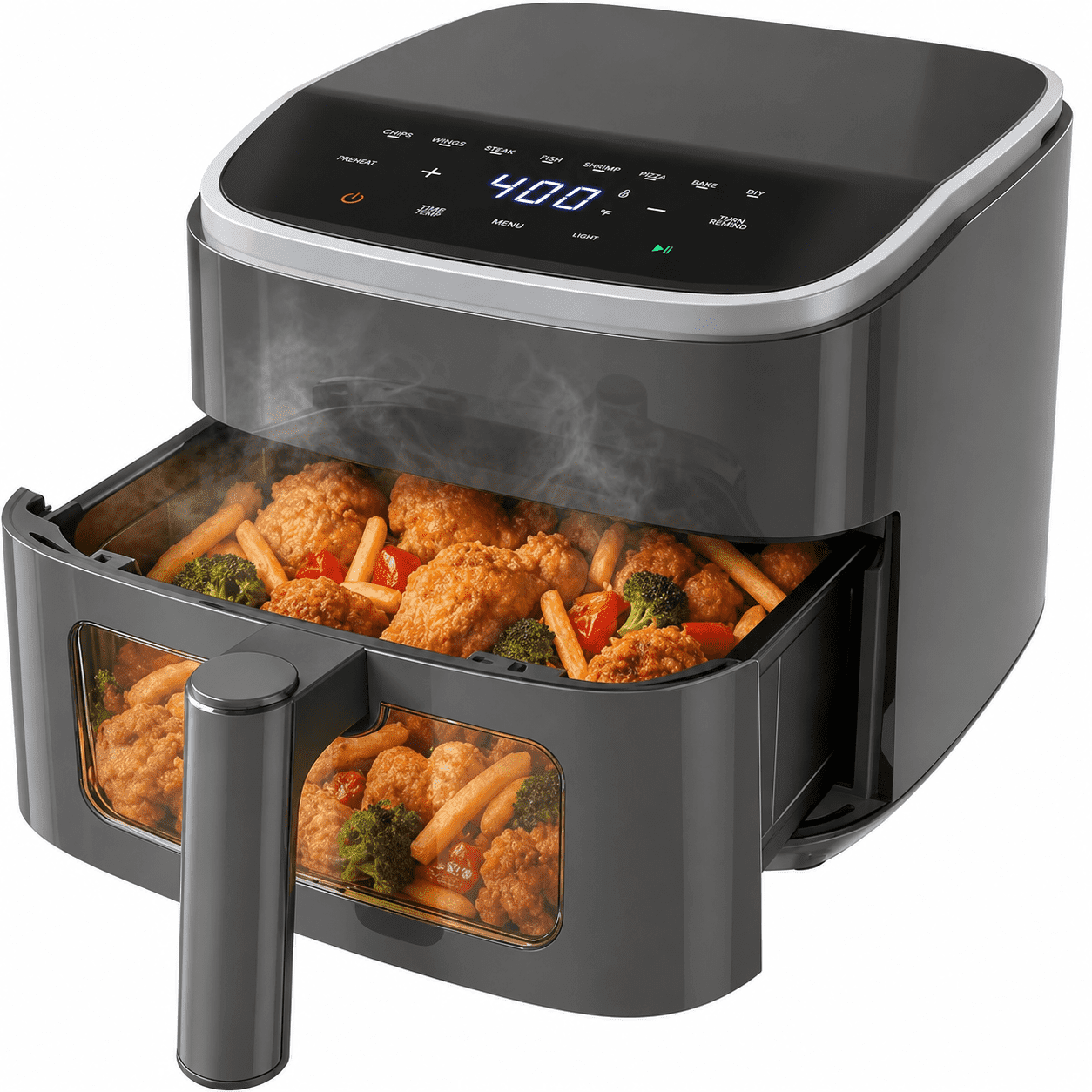 Plum Chef Air Fryer 4 Qt, 8-in-1 Digital Air Fryer with Visible Window, Nonstick Dishwasher-Safe Basket, 60-Min Timer, 1500W, Grey – Perfect for Fries, Wings & Baking