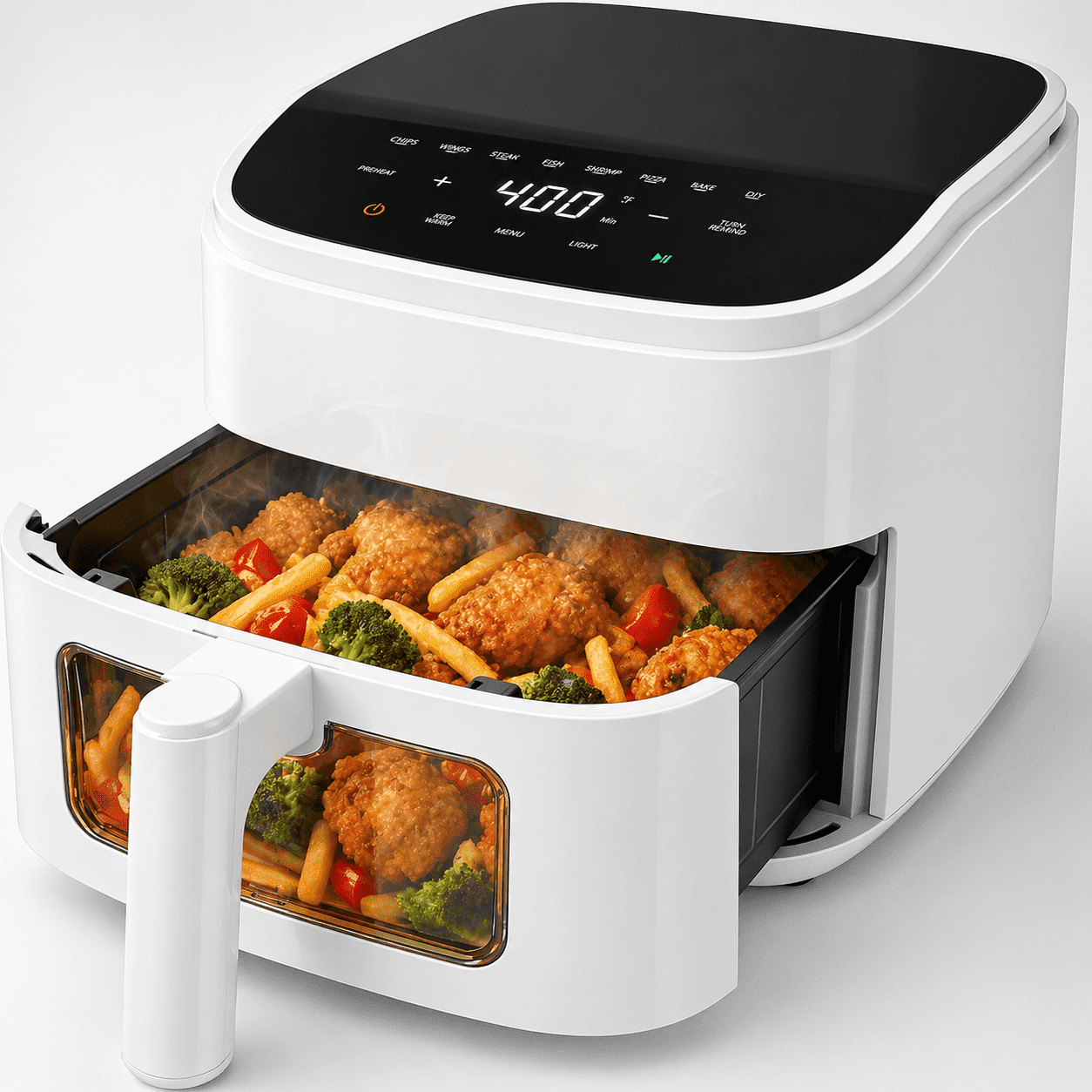 Plum Chef Air Fryer 4 Qt, 8-in-1 Digital Air Fryer with Visible Window, Nonstick Dishwasher-Safe Basket, 60-Min Timer, 1500W, White – Perfect for Fries, Wings & Baking
