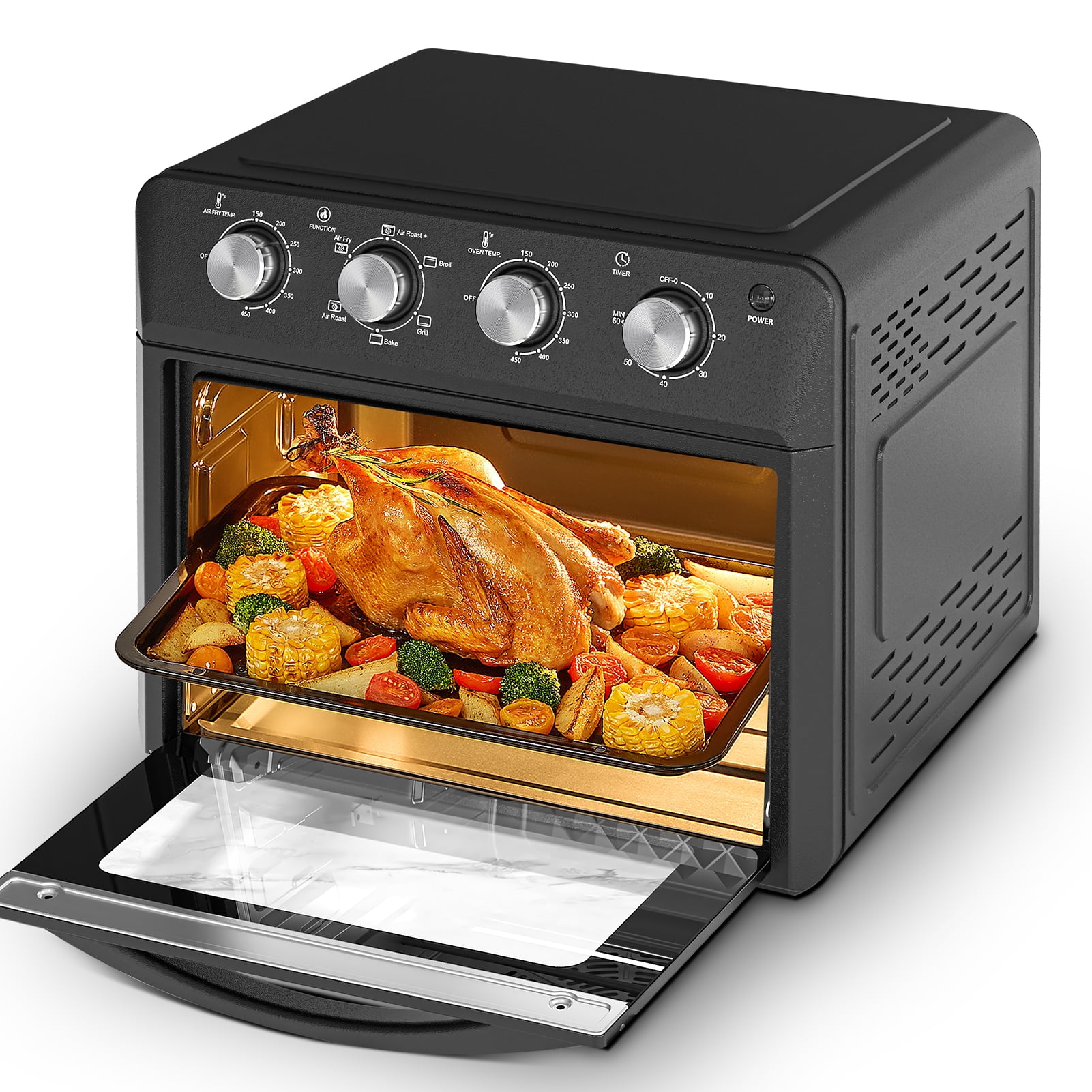 Plum Chef Air Fryer Oven 27.5QT, 6-in-1 Countertop Convection Oven, Air Fry, Bake, Broil, Toast, Warm, Dehydrate, 4 Knob Control, 1600W, Family Size for Crispy Cooking, Black