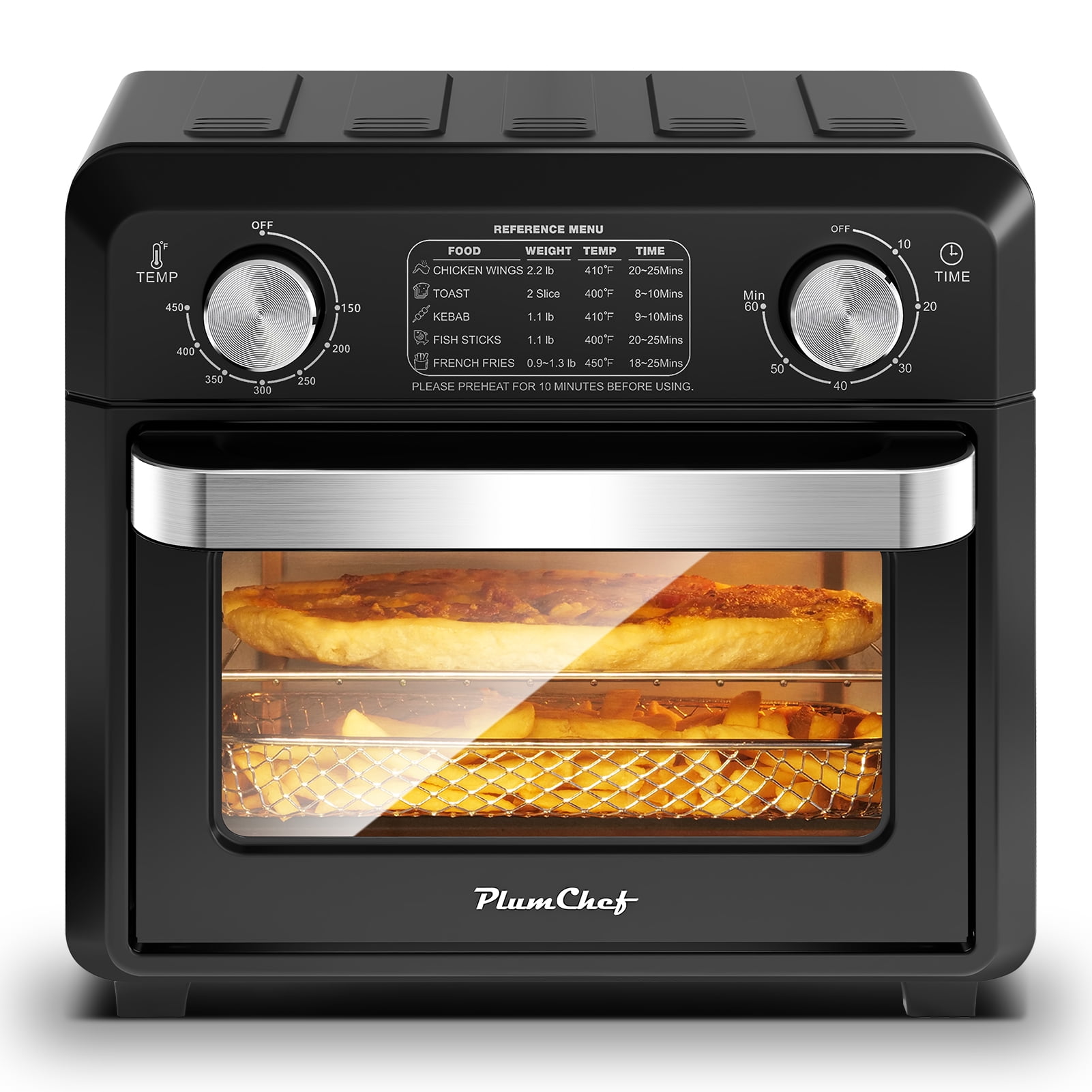 Plum Chef Air Fryer Toaster Oven 11QT, 5-in-1 Countertop Oven with Rapid Air Circulation, Air Fry, Bake, Broil, Dehydrate, Toast, for 1-2 People, 1000W, Oil-Free, Includes Frying Basket & Baking Pan