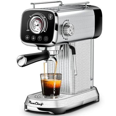Plum Chef Espresso Coffee Maker 20 Bar Pump Cappuccino Latte Maker with ESE POD Filter&Milk Frother Steam Wand, 0.8L Water Tank, for Home Barista, 1350W, Stainless steel