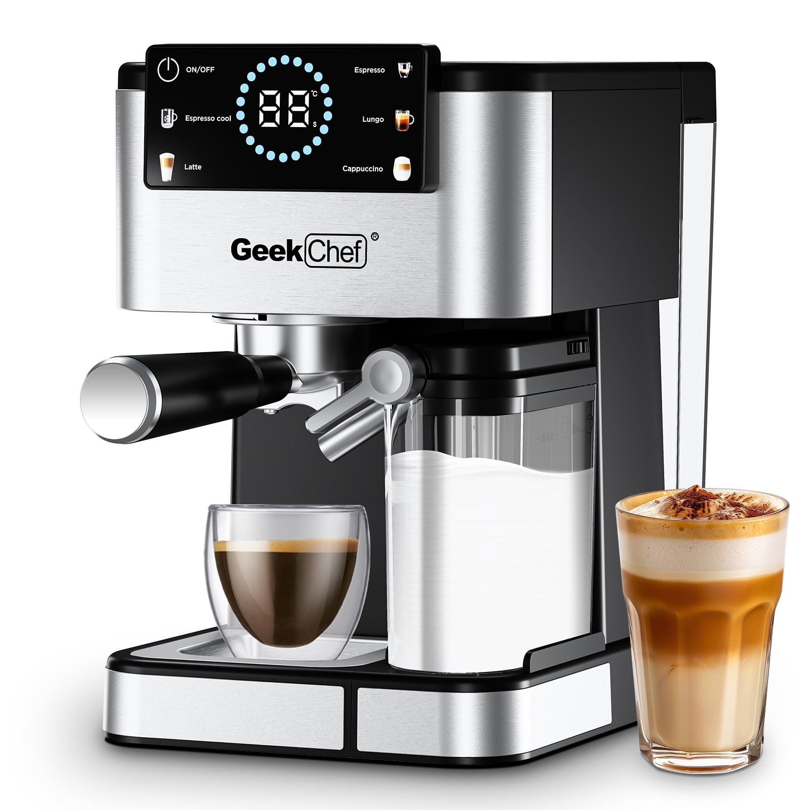 Geek Chef Espresso Machine, 20Bar Espresso Coffee Maker for Cappuccino, Latte, Americano & Cold Brew, with Automatic Milk Frother & Detachable Milk Reservoir, One-Touch Operation, Silver