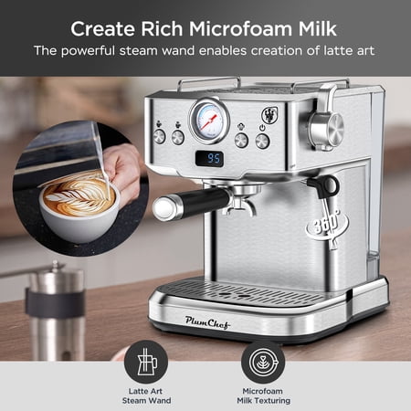 Plum Chef High - Pressure Espresso Machine - Stainless Steel, 1.8L Water Tank, Pressure Gauge - Ideal for Home Use & Coffee Enthusiasts, Perfect for Specialty Drinks