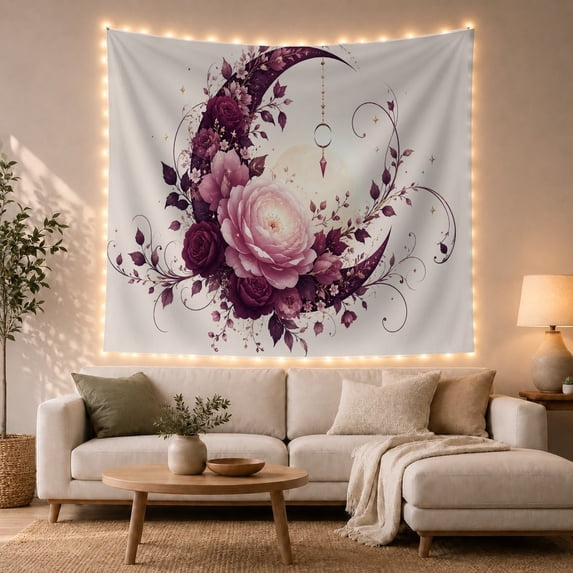 Plum Crescent Moon with Roses and Vines, Romantic Celestial for Flower Lovers, Mystical Wall Art Decor, Birthday Gift, Tapestry Wall Hanging for Bedroom and Living Room