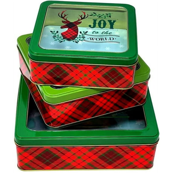 Plum Designs Christmas Metal Cookie Tins Set of 3 Sizes - Decorative Cookie Tins Gift Set Tins with lids,  Merry and bright, Christmas Themes and Colors Nesting Tins