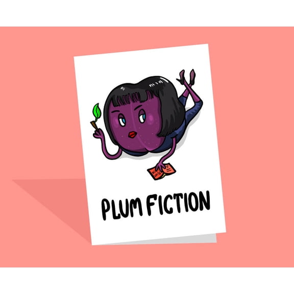 Plum Fiction Greeting Card Quirky Plum Character Design Blank Inside for Personal Messages Perfect for Humorous Birthdays, Encouragement, or Fun Notes