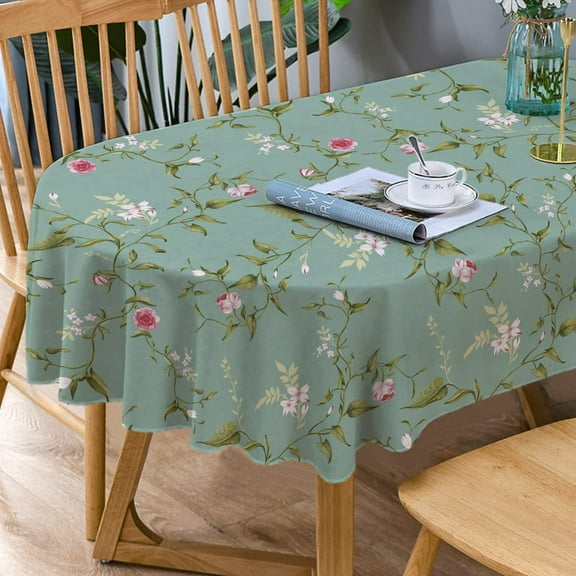 Plum Flower Oval Print Tablecloth, Spring Patterned Oval Tablecloth, Summer Food Network Oval Tablecloth Waterproof Wrinkle Free Durable Tablecloth for Oval Tables 60 X 84 Inch
